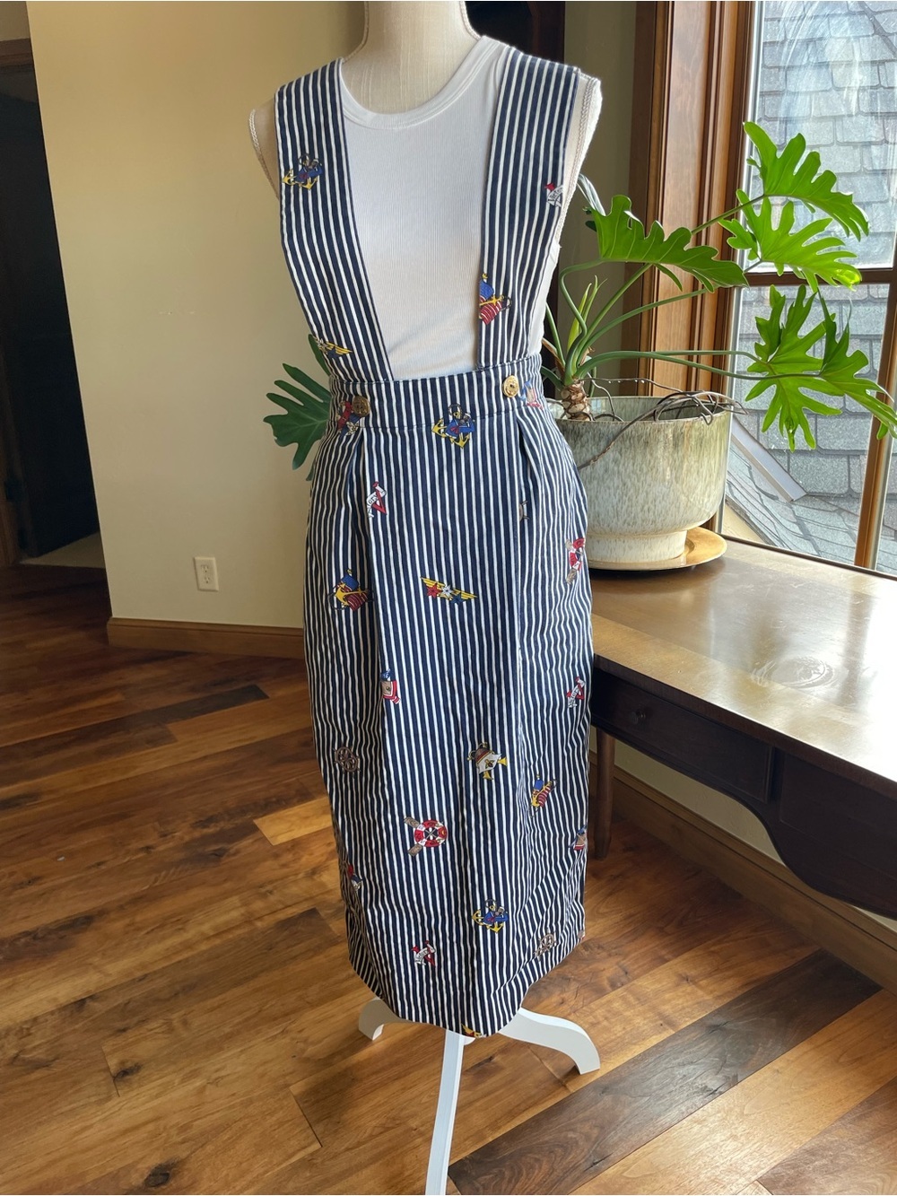 Sharon Young Navy and White Striped Midi Skirt Pinafore with Nautical Accents